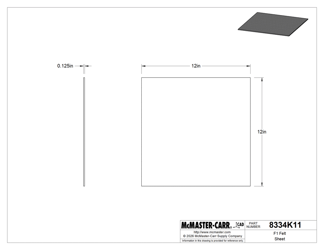 Technical Drawing of F1 Felt Sheet, Medium, Adhesive Backing, 12" X12", 1/8" Thick.
